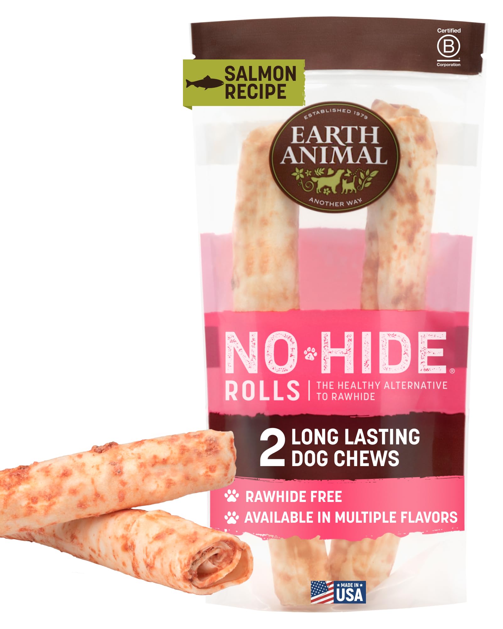 Earth Animal No Hide Chews Salmon large rolls for dogs promote long-lasting chewing.