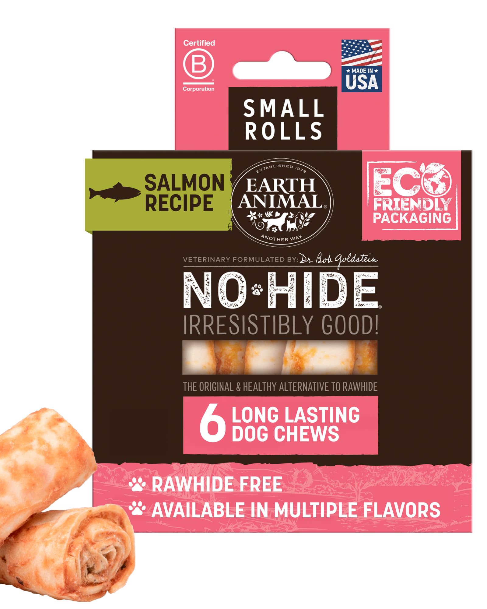 Earth Animal No Hide Chews Salmon Roll packaging shows long-lasting enjoyment for small dogs.
