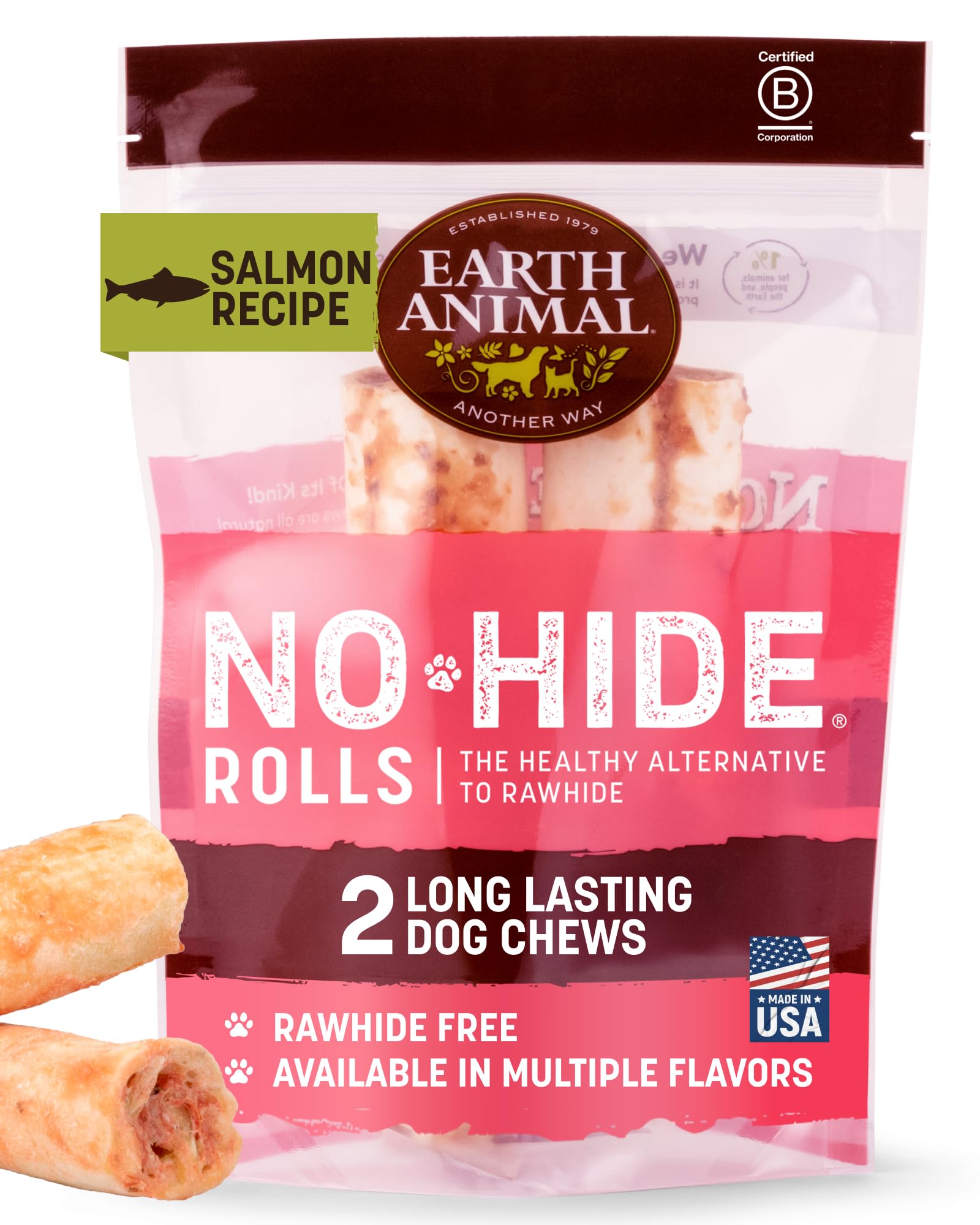 Earth Animal No Hide Chews salmon rolls, ideal for medium dogs seeking long-lasting entertainment.
