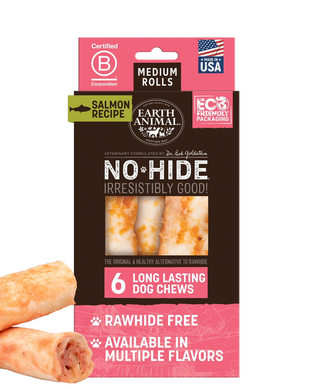 Earth Animal No Hide Chews salmon rolls pack showing long-lasting bites for medium dogs.