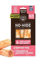 Earth Animal No Hide Chews salmon rolls pack showing long-lasting bites for medium dogs.