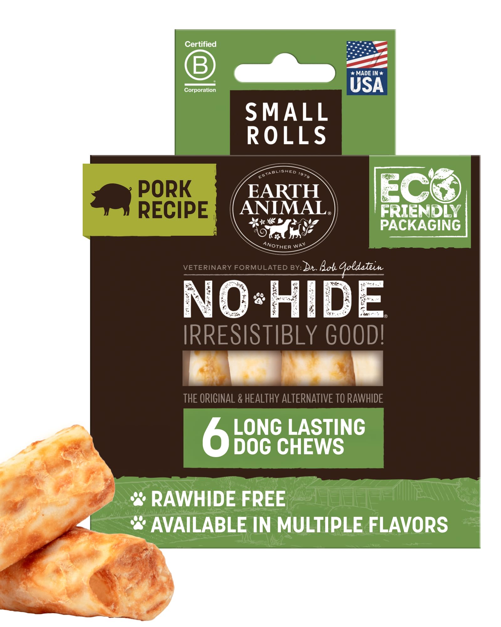 Earth Animal No Hide Chews for small dogs, pork roll, long-lasting entertainment.