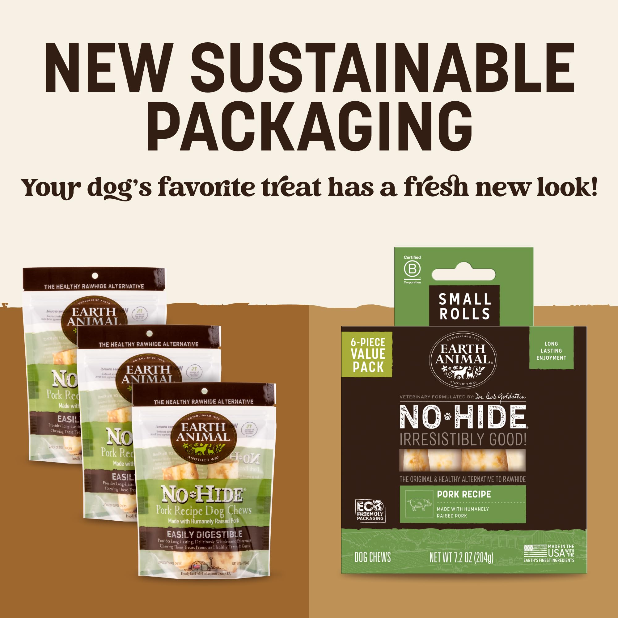 Earth Animal No Hide Chews pork rolls close-up, reduces boredom for small dogs.