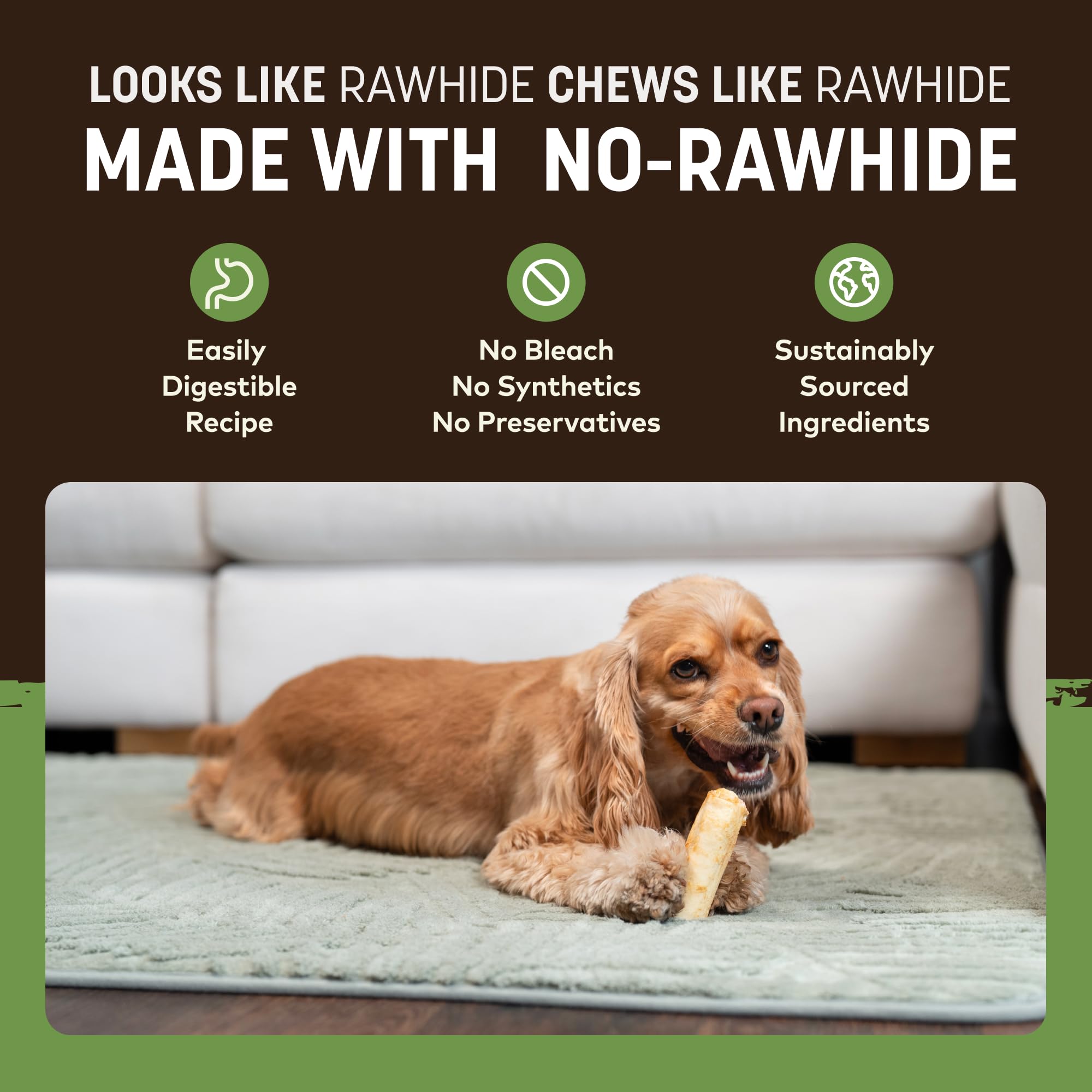 Earth Animal No Hide Chews pork rolls, proudly USA-made, seven-ingredient recipe.
