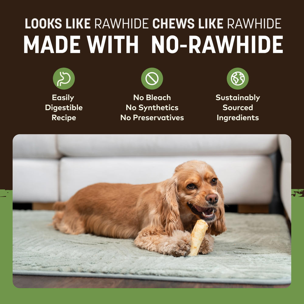 Earth Animal No Hide Chews pork rolls, proudly USA-made, seven-ingredient recipe.