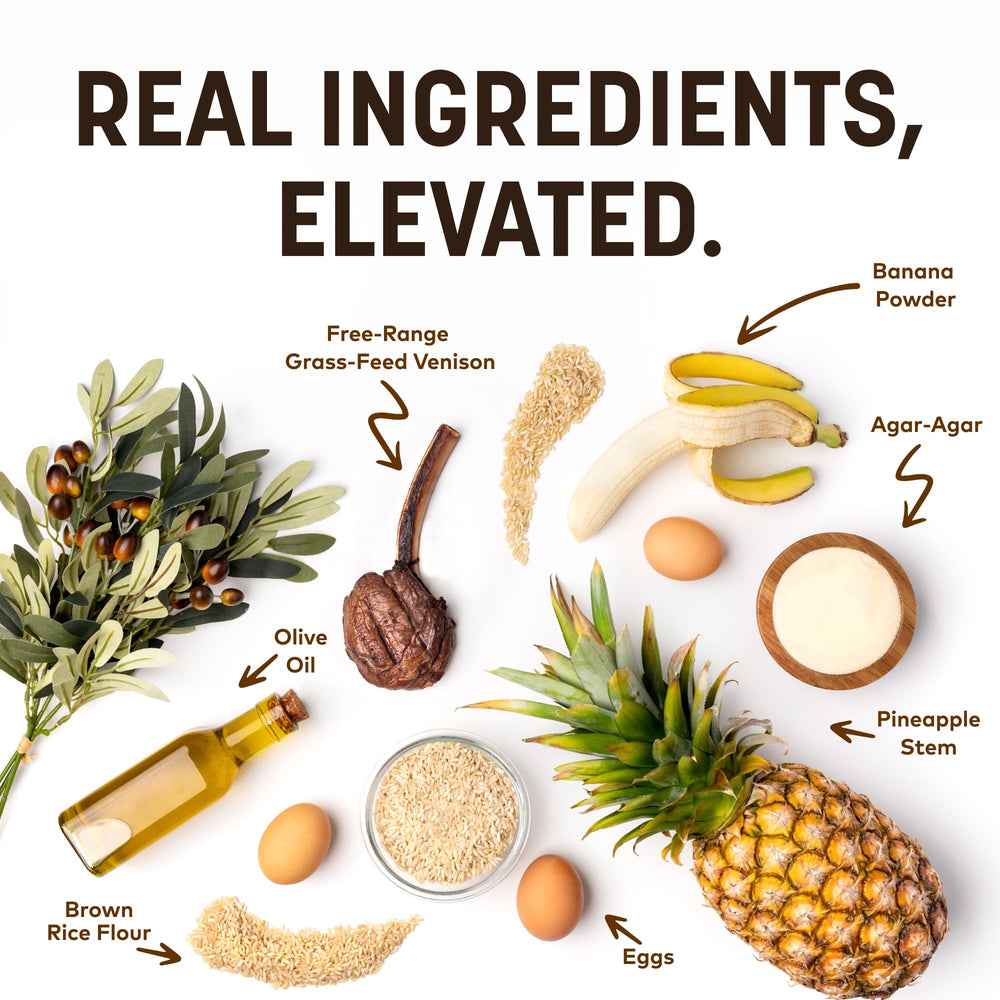 Earth Animal No Hide venison roll close-up reveals chewy texture and grain-free ingredients.