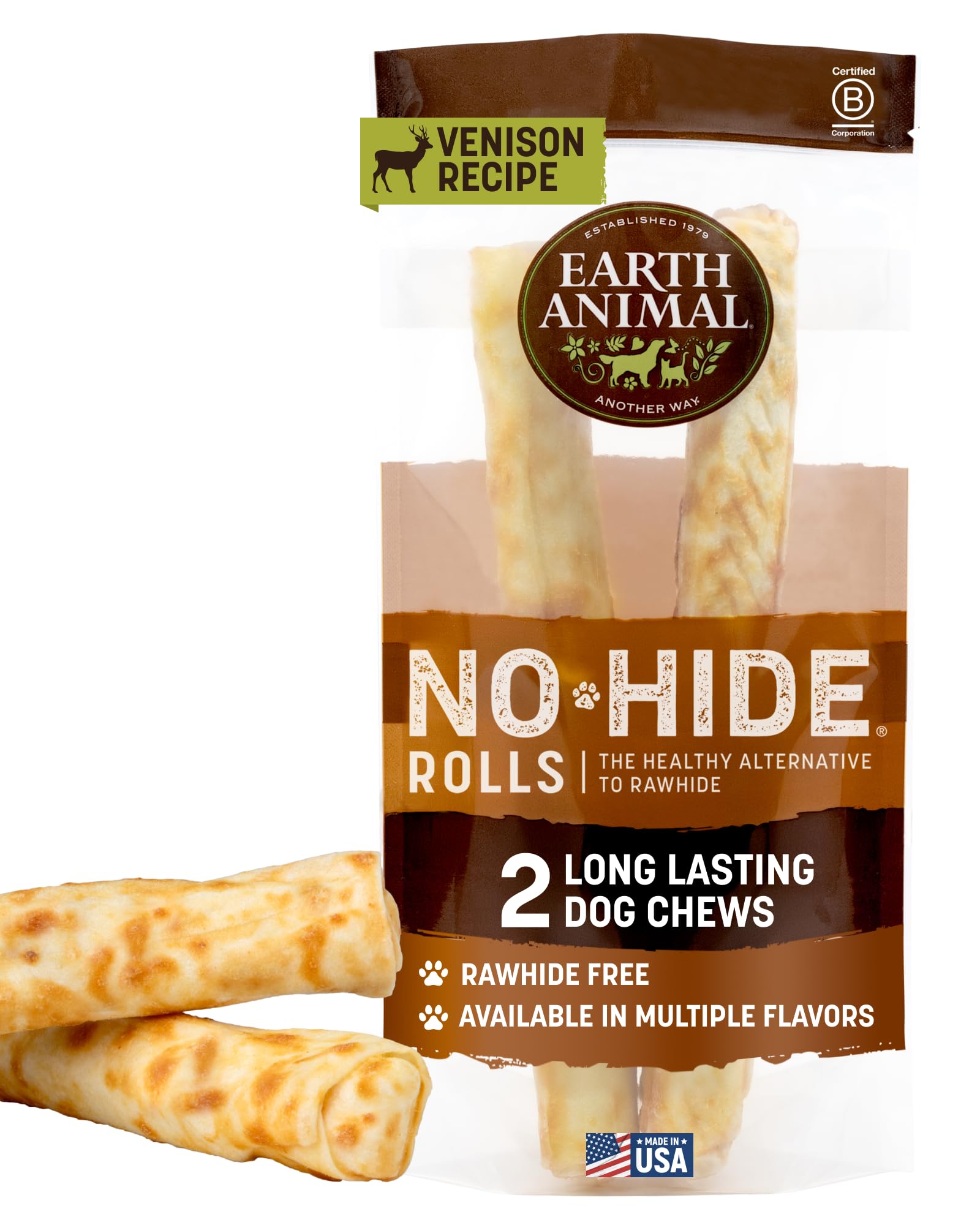 Earth Animal No Hide venison roll packaging, USA-made, ideal for long-lasting large dog chews.