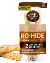 Earth Animal No Hide venison roll packaging, USA-made, ideal for long-lasting large dog chews.