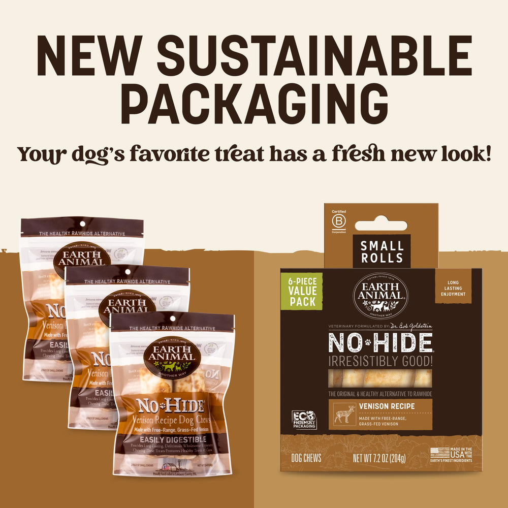 Earth Animal No Hide Chews close-up venison rolls showing real meat texture for healthy chewing.