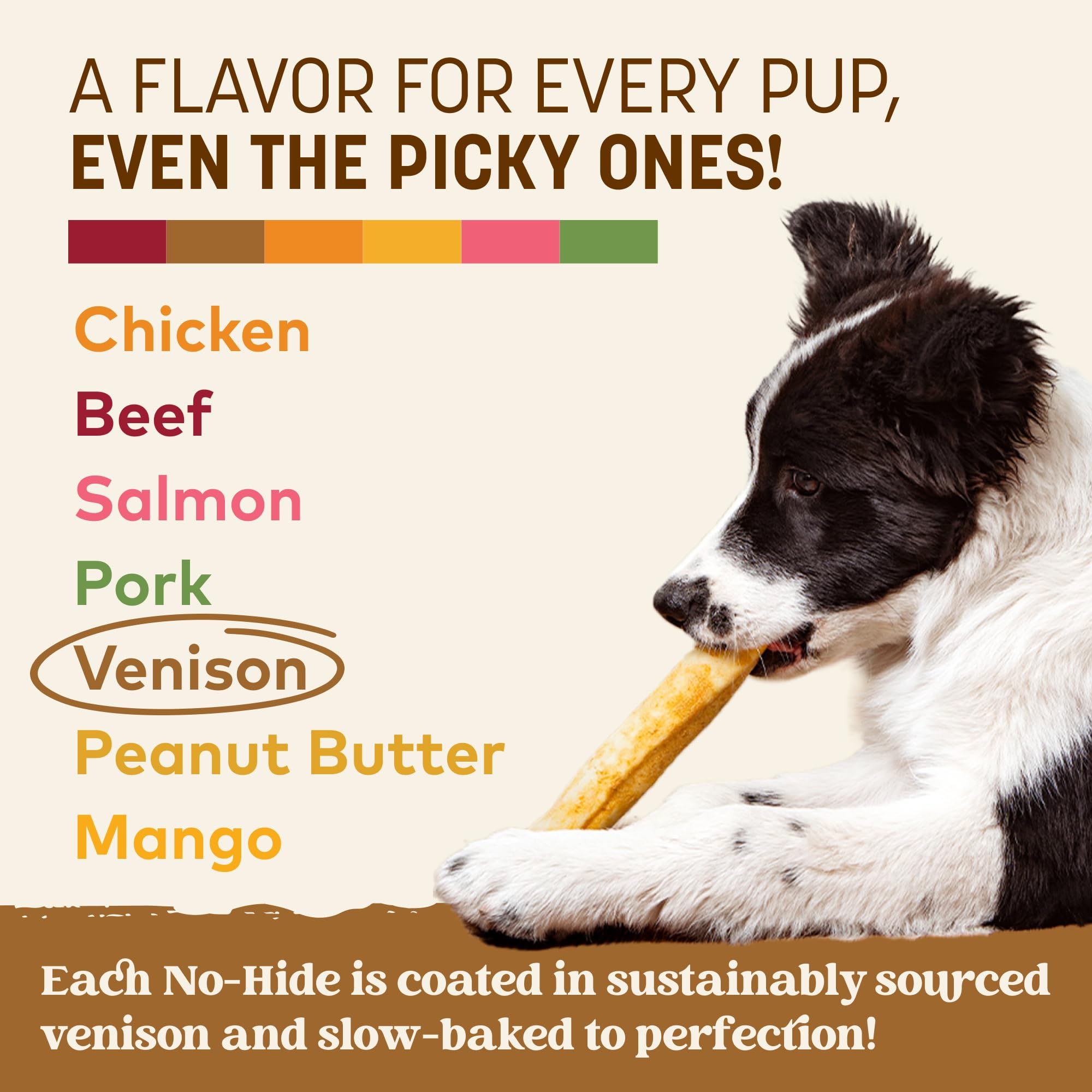 Free-range venison shown in Earth Animal No Hide chews with ethical sourcing emphasis