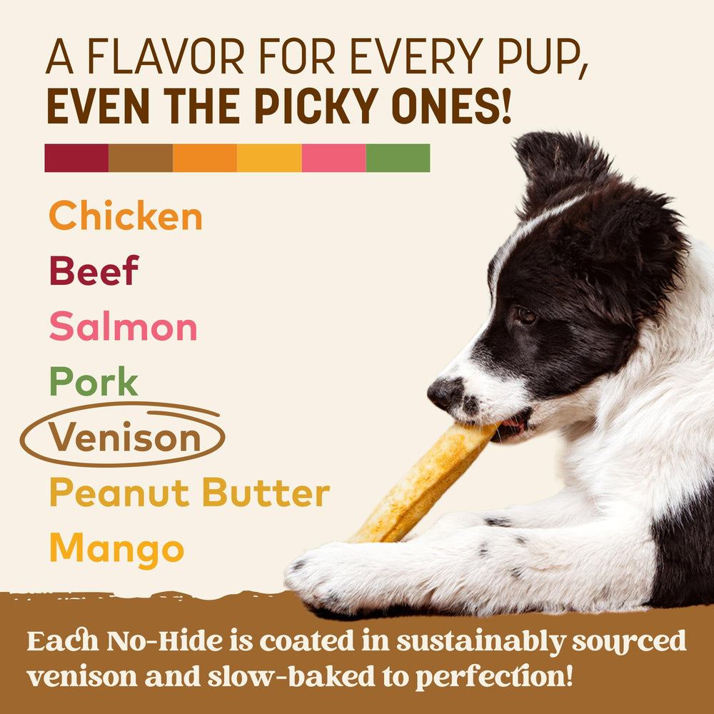 Free-range venison shown in Earth Animal No Hide chews with ethical sourcing emphasis