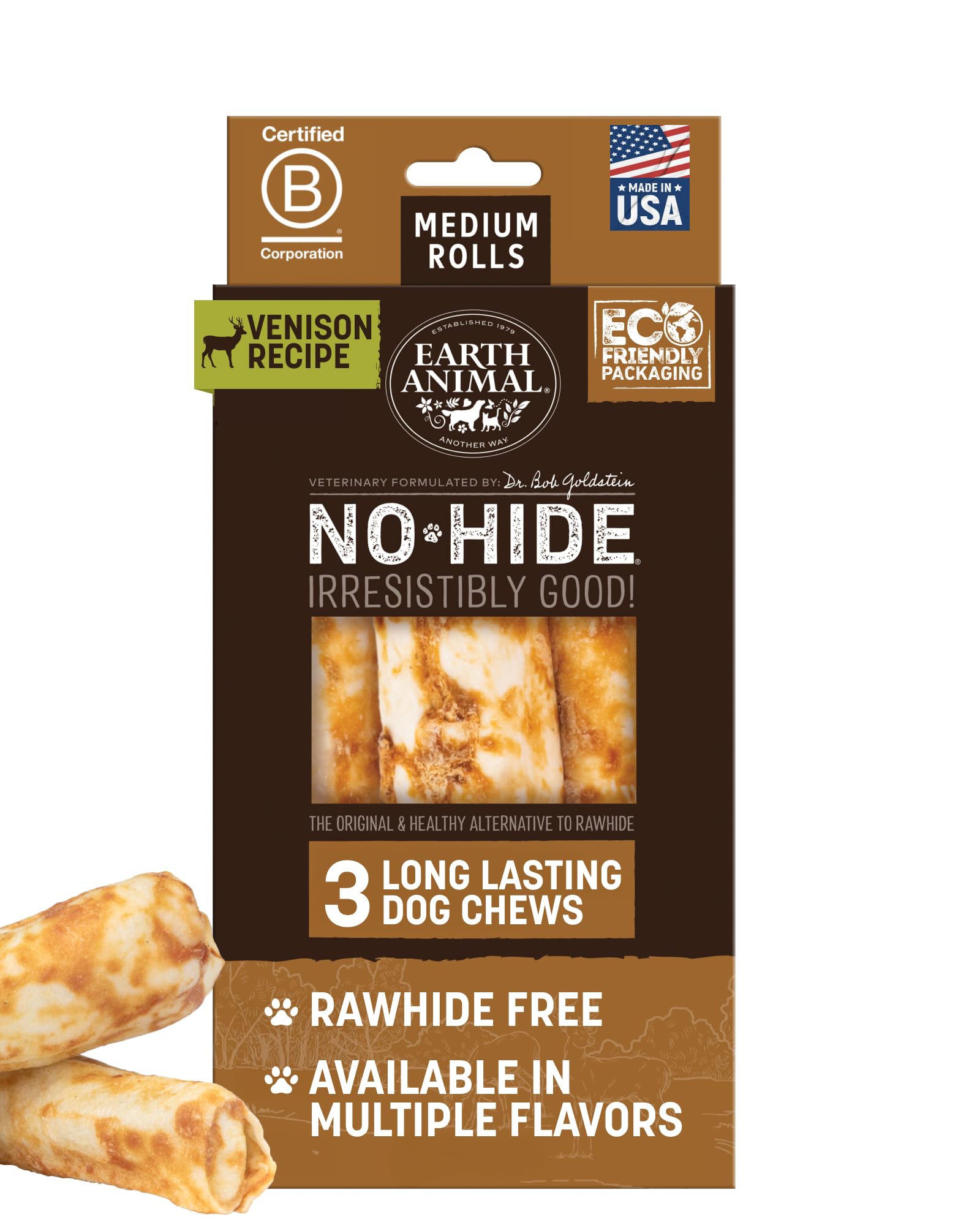 Earth Animal No-Hide Venison Rolls pack—three-count for medium dogs' long-lasting chew.