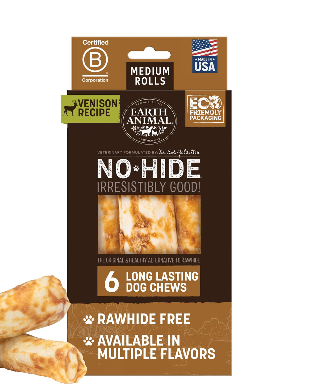 Earth Animal No Hide Chews venison rolls packaging for medium dogs—long-lasting entertainment