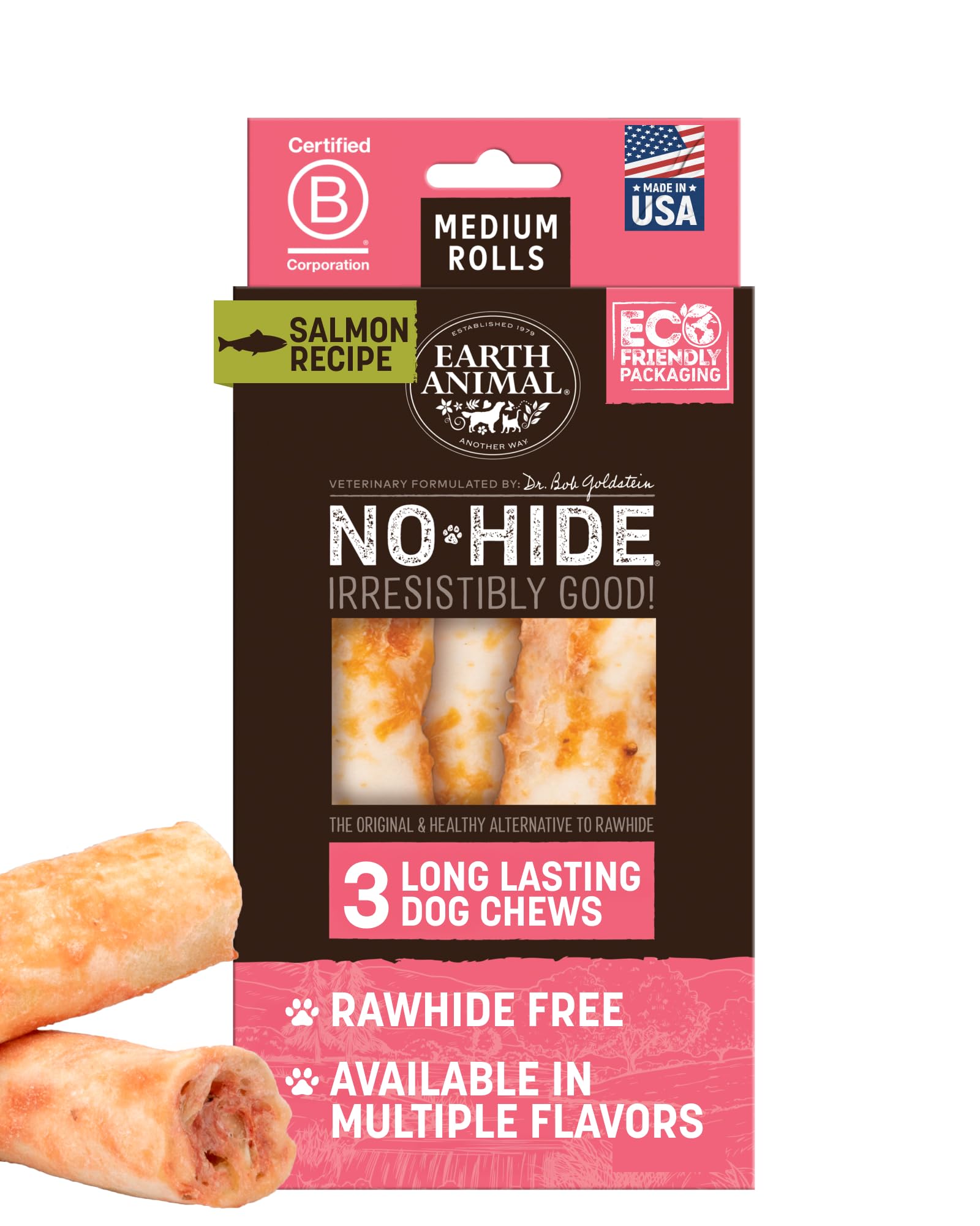 Earth Animal No Hide Salmon Roll for dogs; long-lasting chew supports teeth and gums.