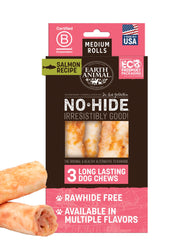 Earth Animal No Hide Salmon Roll for dogs; long-lasting chew supports teeth and gums.