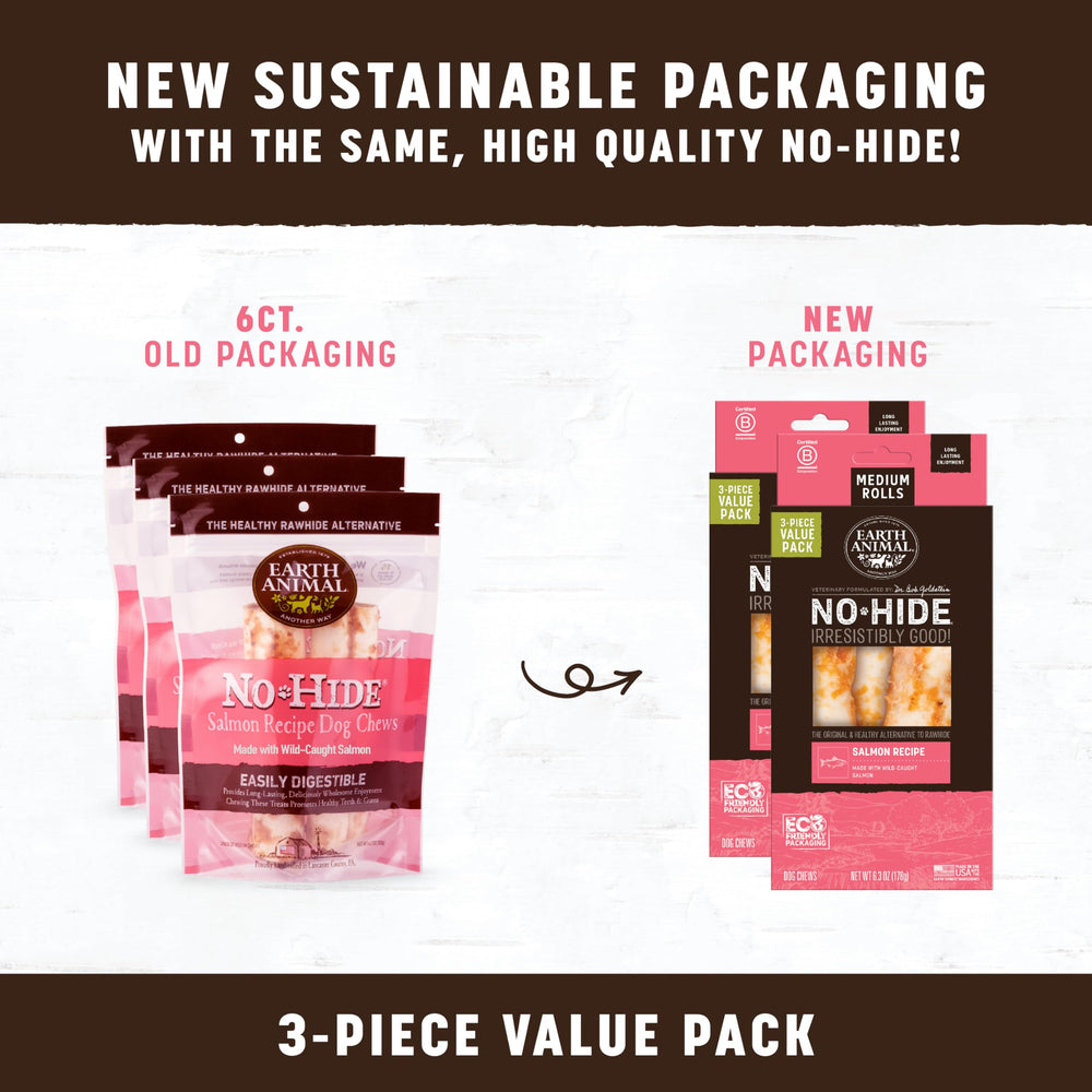 Earth Animal No Hide Salmon Roll packaging; digestible salmon protein for enjoyable chewing sessions.