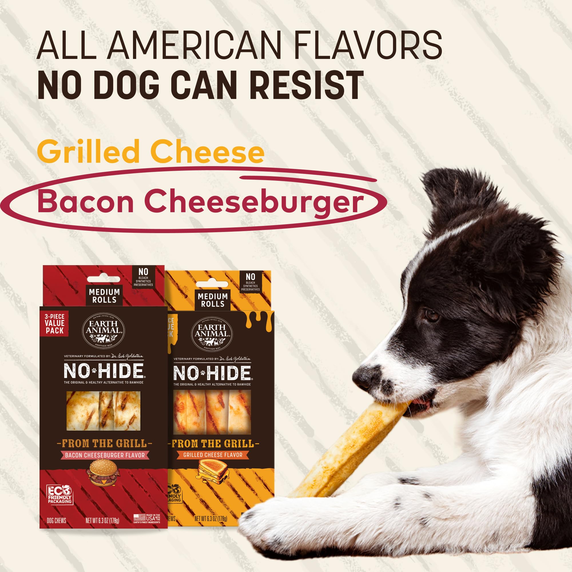 Earth Animal No Hide Rolls dog chewing action illustrates engagement and chew time.