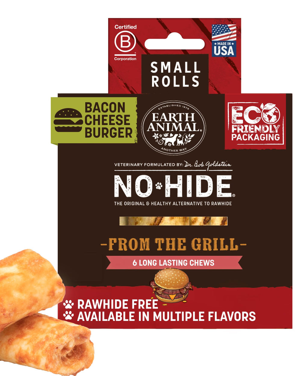 Earth Animal No-Hide Rolls bacon cheeseburger for small dogs in a pack, long-lasting chew.