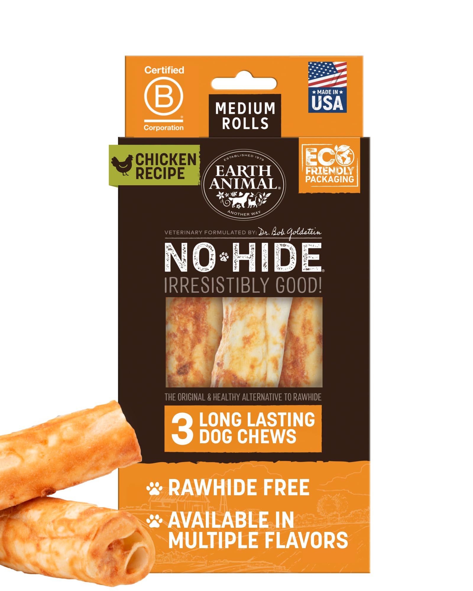 Earth Animal No Hide Rolls chicken pack three-count, long-lasting chew for medium dogs.