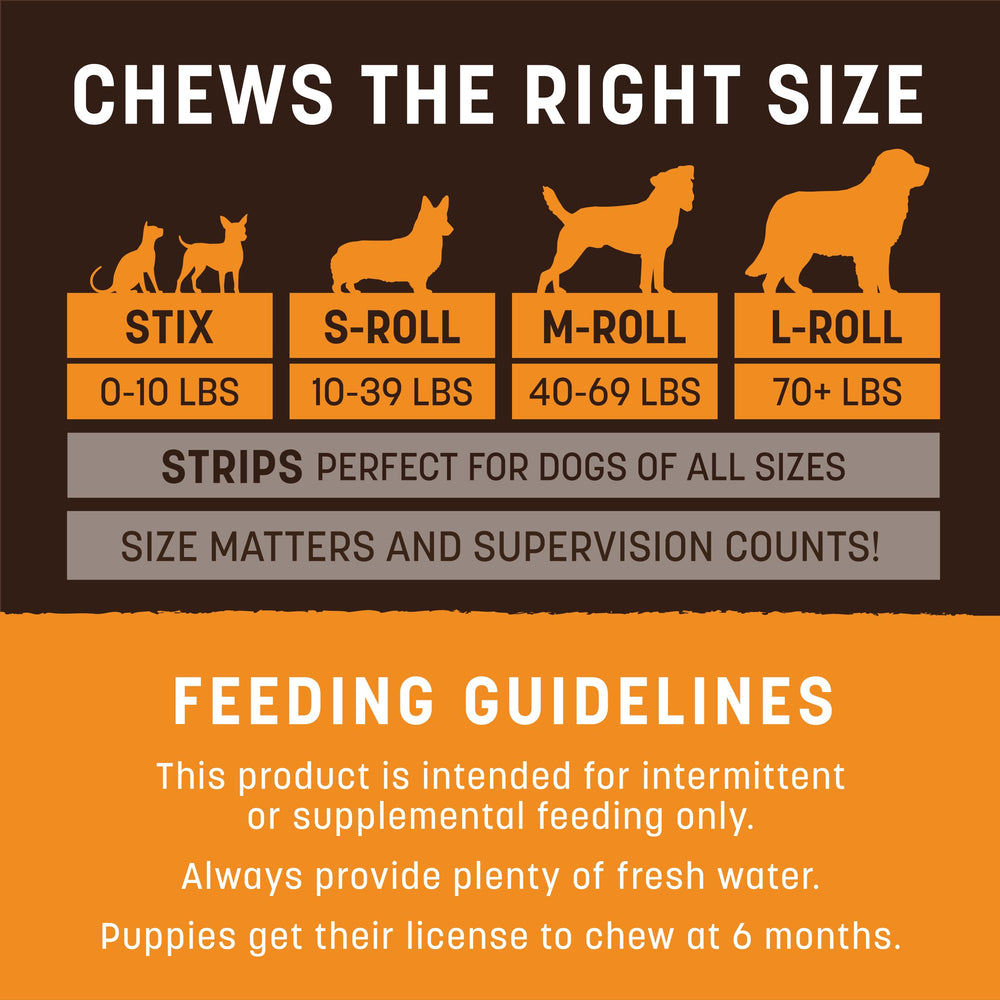 Earth Animal No Hide Rolls safety size guide shows recommended chew size for dogs.