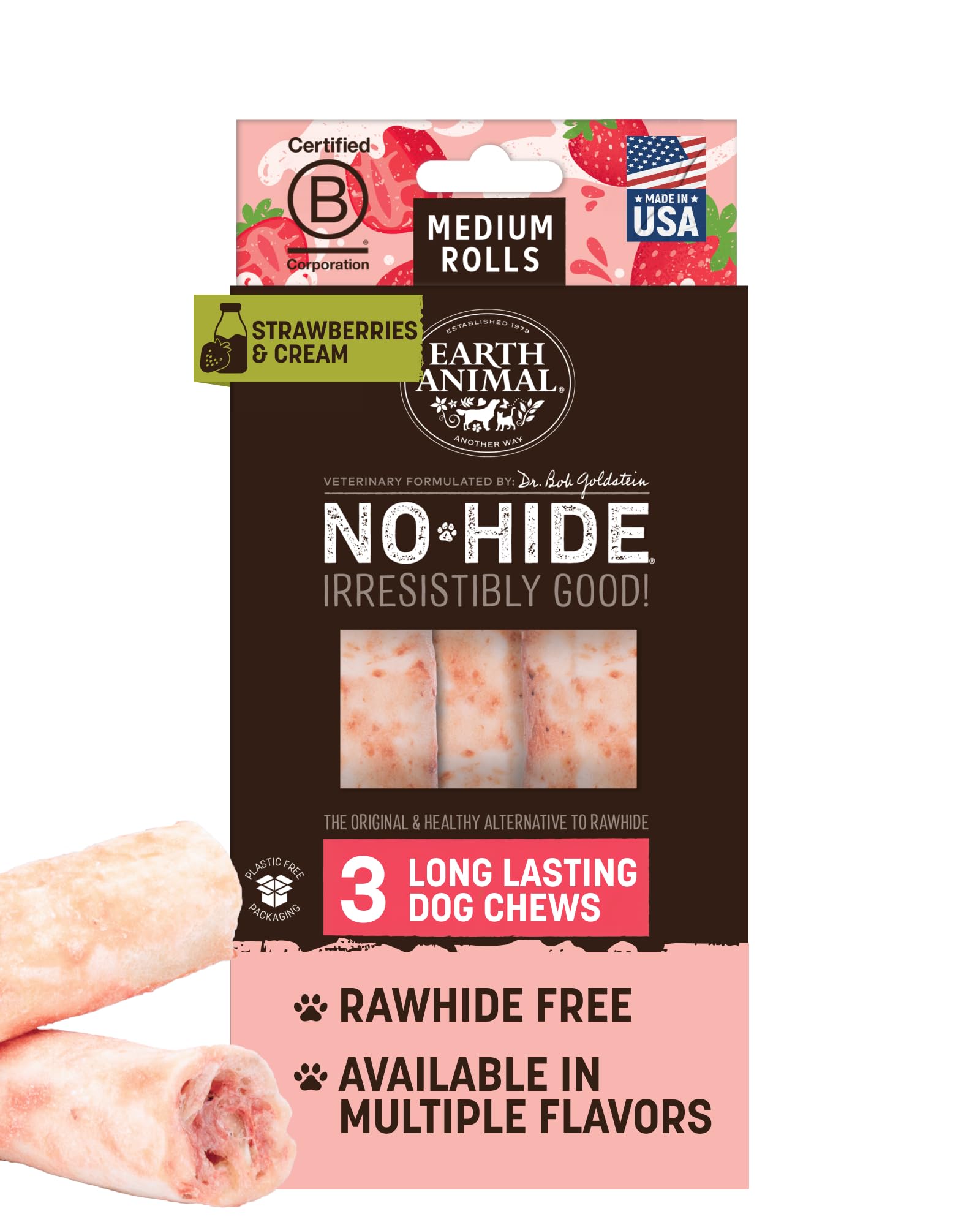 Earth Animal No-Hide Rolls Strawberries & Cream pack shot for medium dogs, teeth-friendly treat