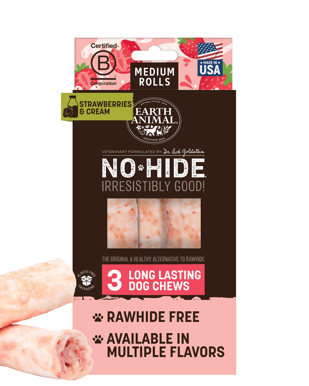 Earth Animal No-Hide Rolls Strawberries & Cream pack shot for medium dogs, teeth-friendly treat