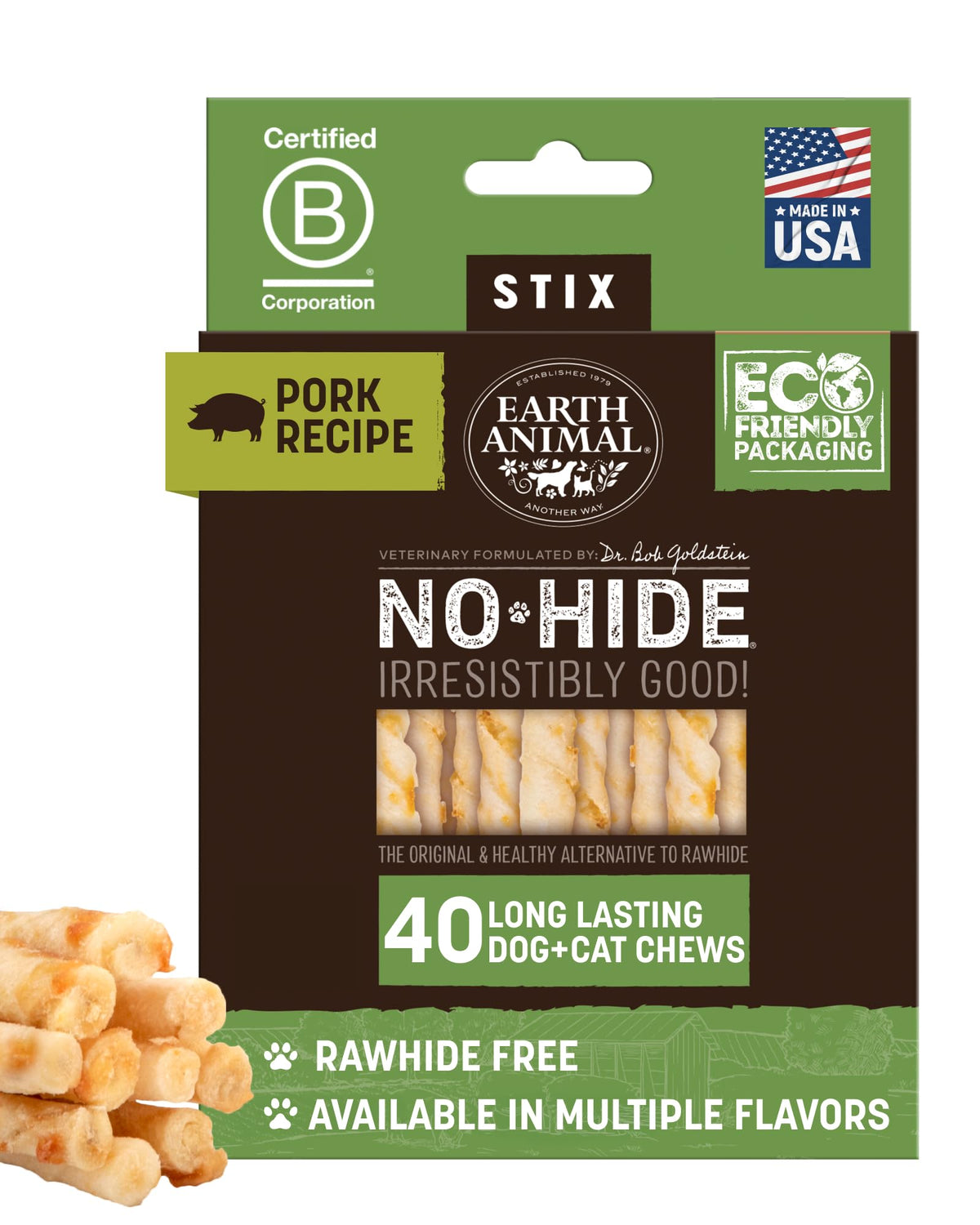 Earth Animal No Hide Stix 40 count pack for small dogs under 10 lbs long lasting chew