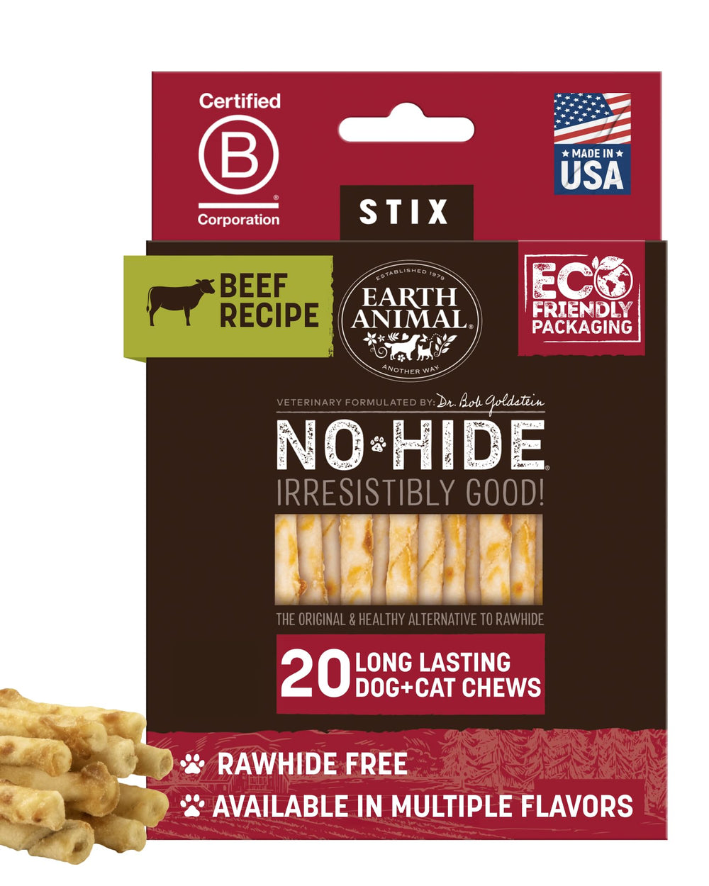 Earth Animal No Hide Stix beef packaging shows a 20-count bundle for long-lasting small dog chews.