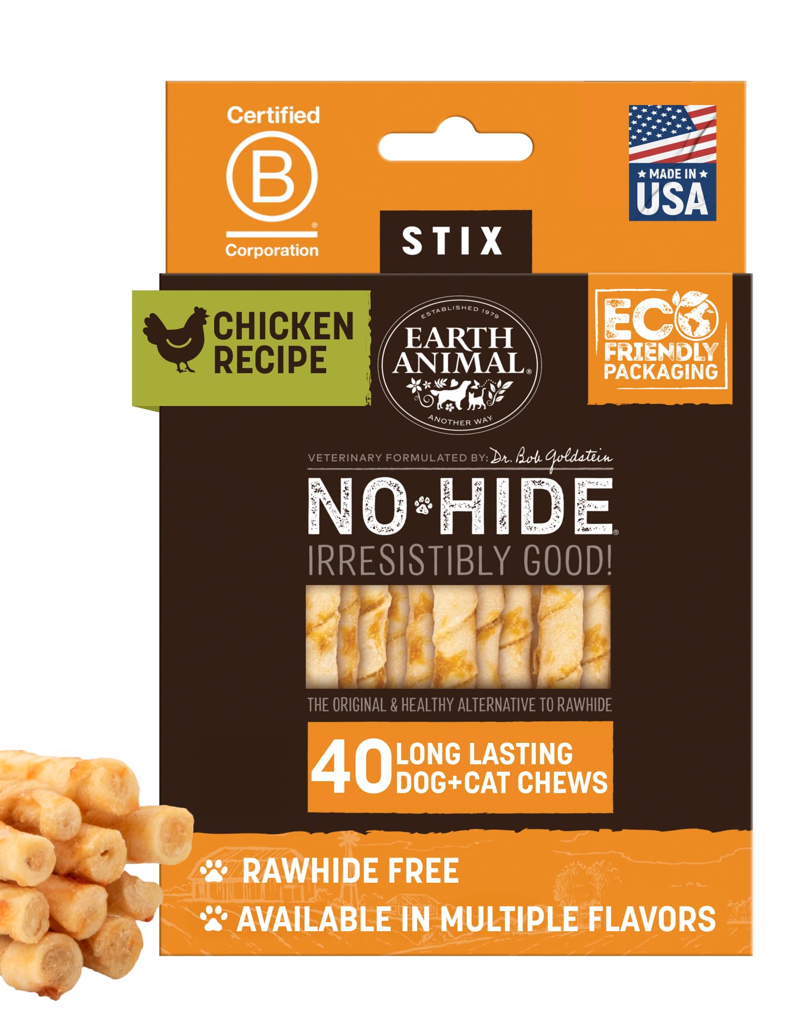 Earth Animal No-Hide Stix 40-count pack front for small dogs, chicken chews.