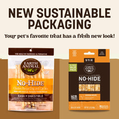 Earth Animal No Hide Stix small-dog chew closeup, chicken flavor.