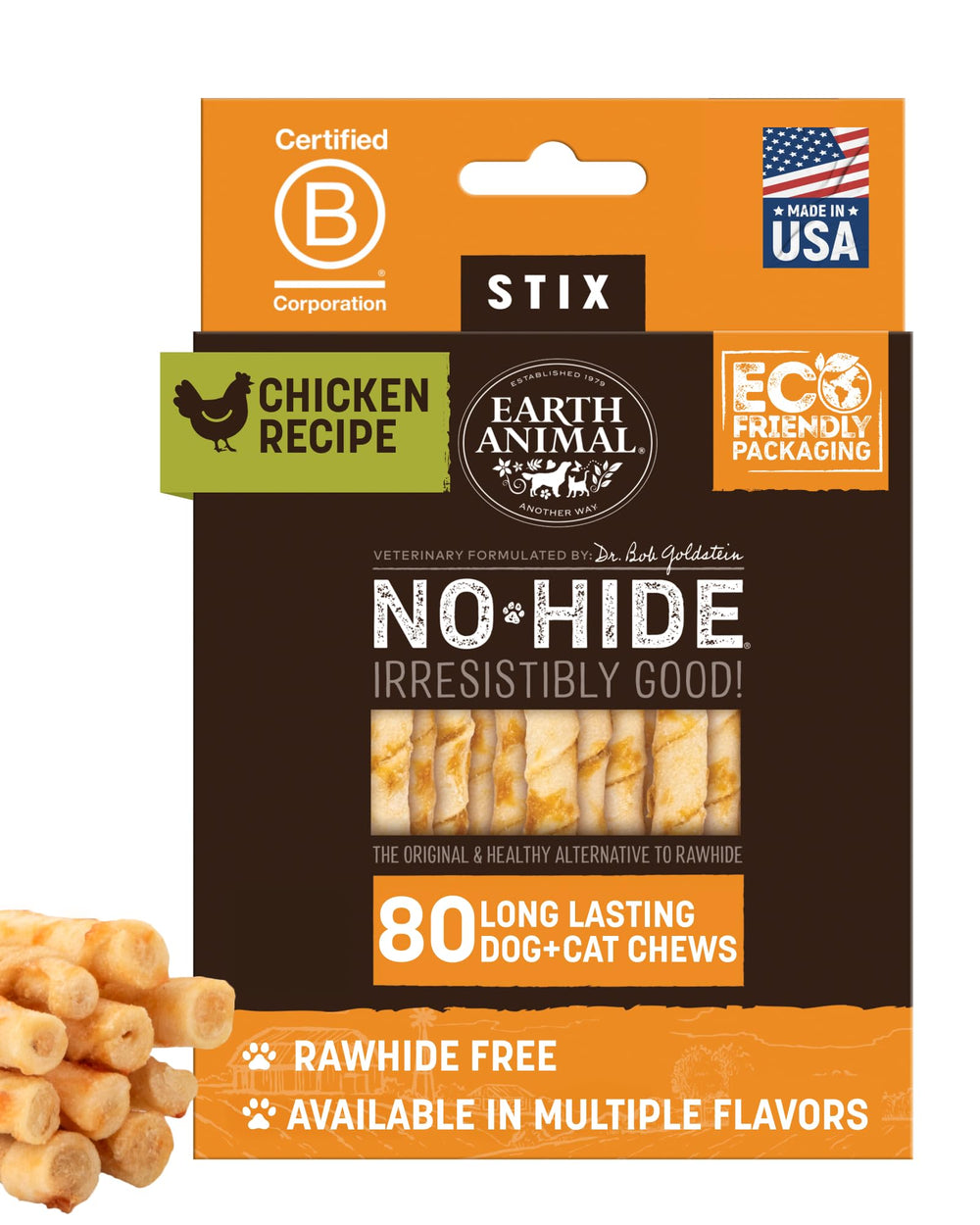 Earth Animal No Hide Stix for small dogs—chicken flavor, long-lasting chew.