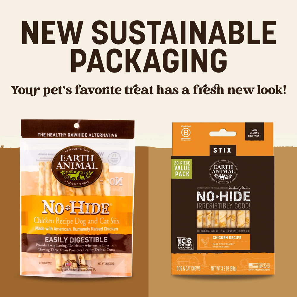 Earth Animal No Hide Stix small-dog chicken chews for longer chewing sessions.