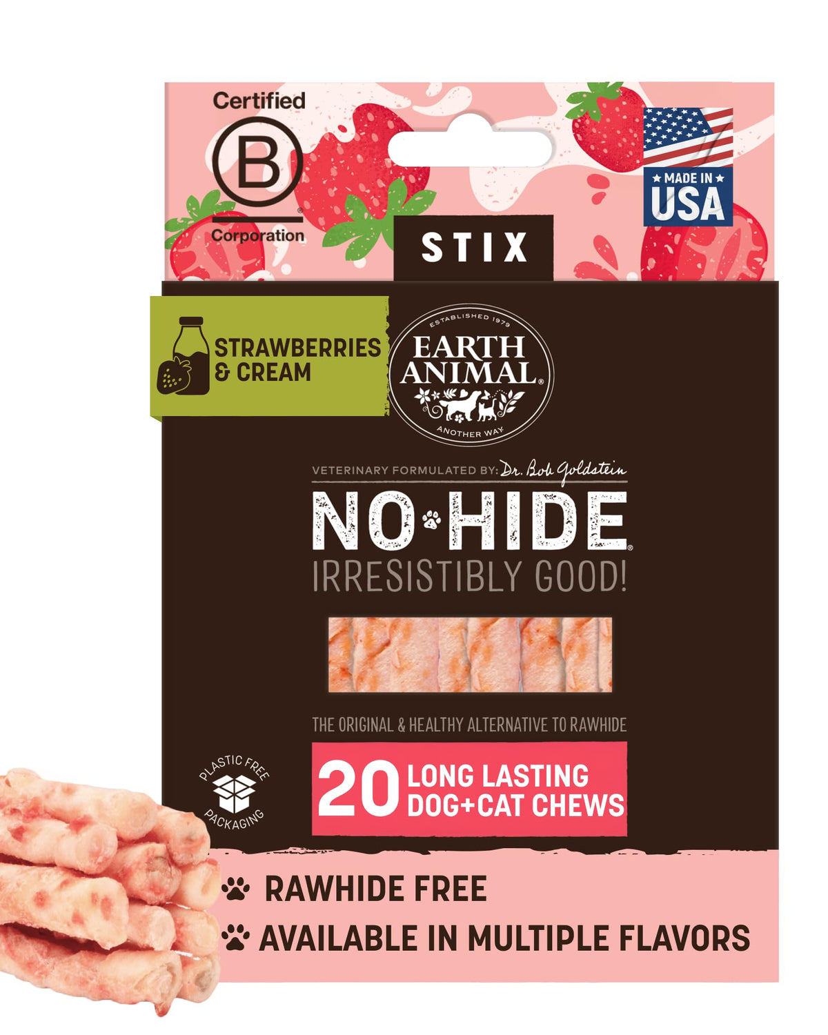 Earth Animal No-Hide Stix Strawberries & Cream closeup for small pets' gentle chew.