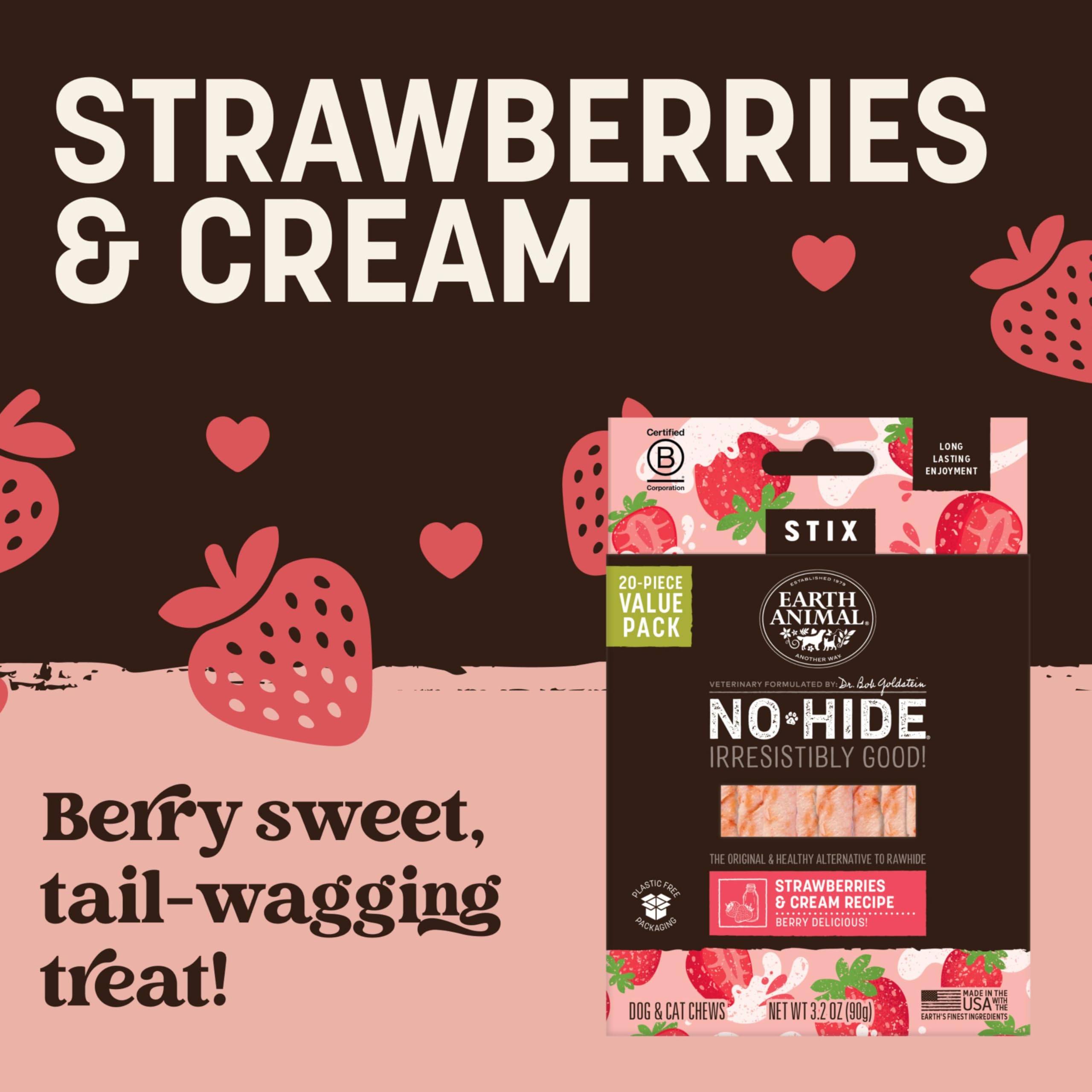 Earth Animal No-Hide Stix Strawberries & Cream pack, easy to store and serve.
