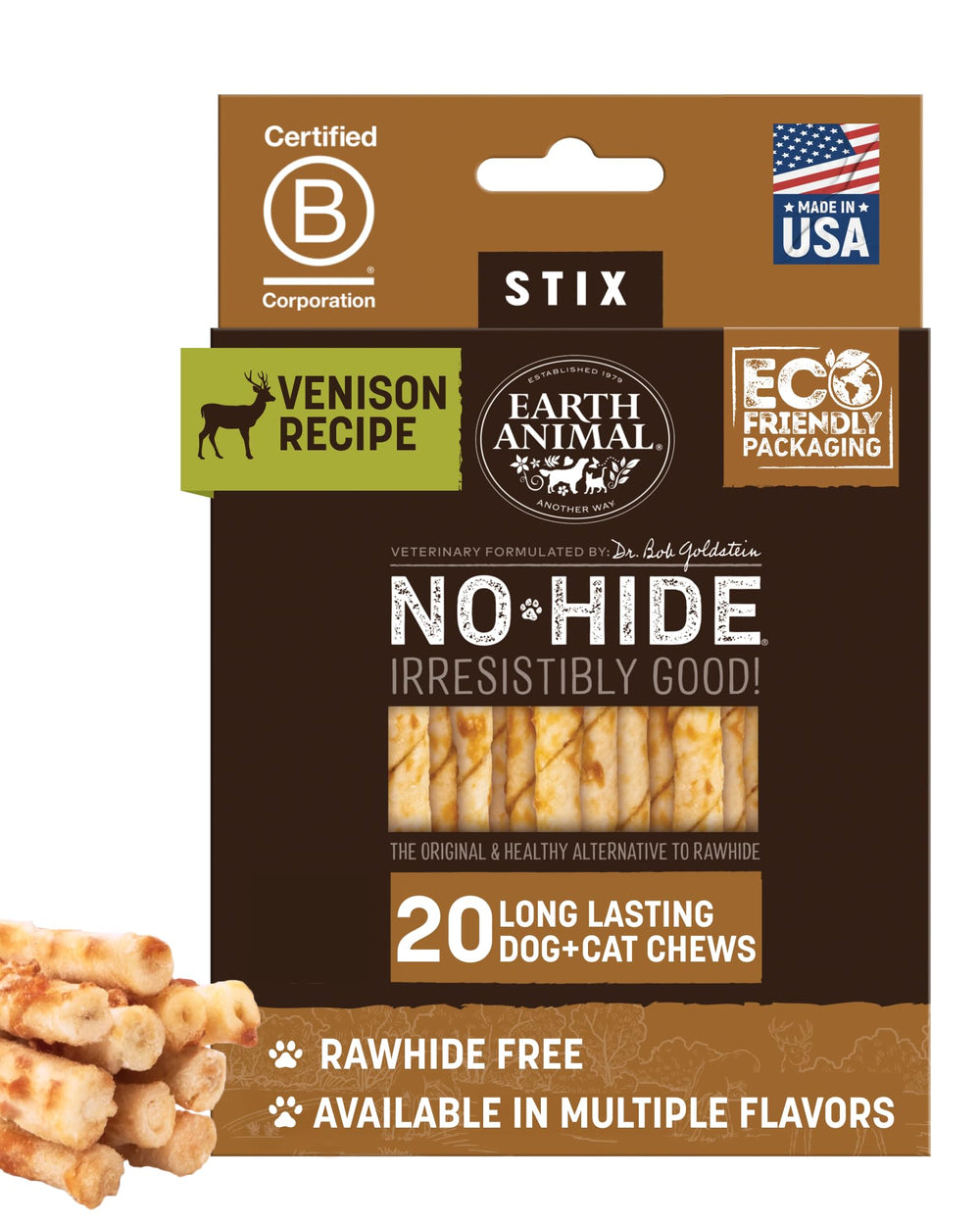 Earth Animal No Hide Stix venison pack shot, ideal for small dogs.