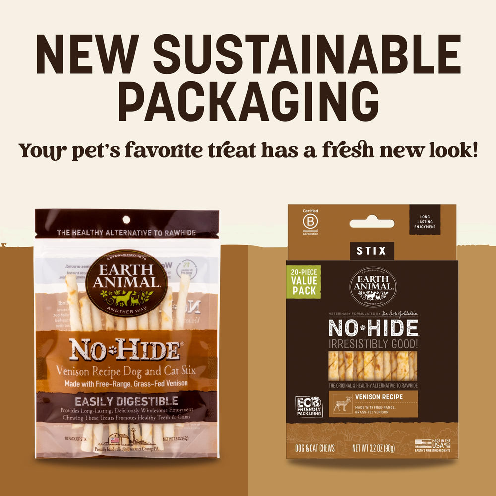 Earth Animal No-Hide Stix venison chew in package designed for long-lasting play