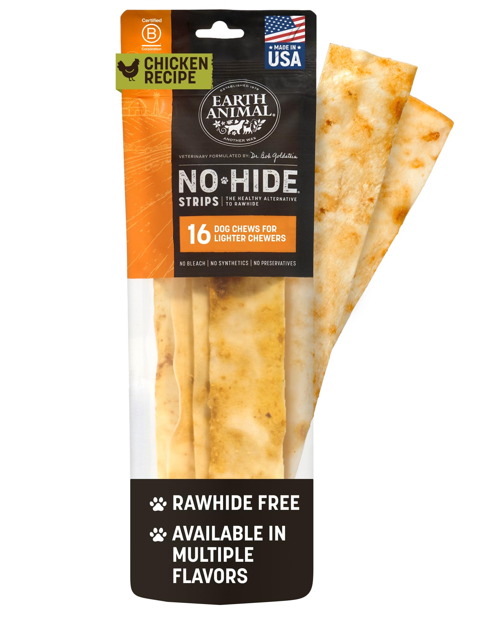 Earth Animal No Hide Strips chicken pack front view; convenient for quick dog snacks.