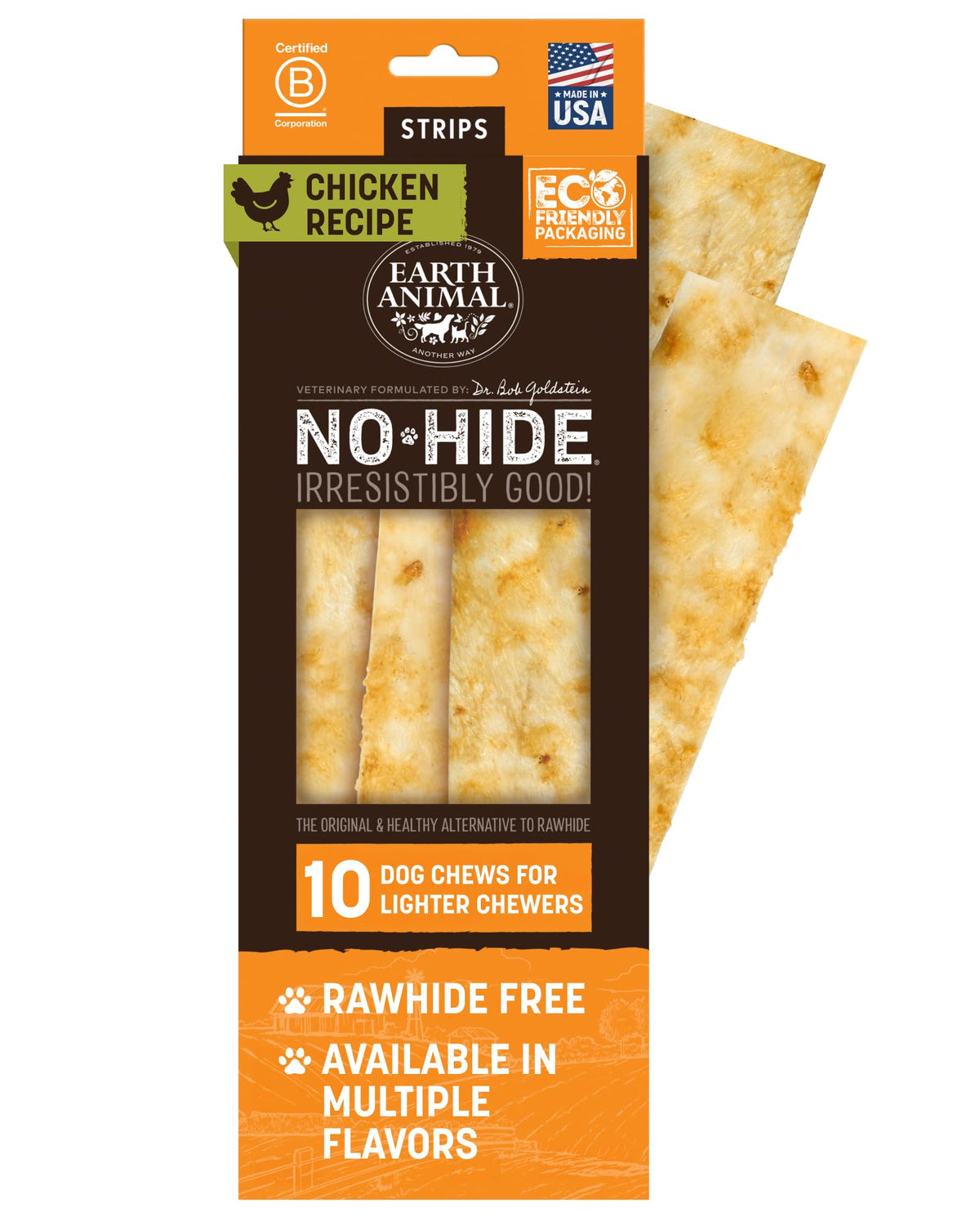 Earth Animal No Hide Strips packaging shows natural ingredients for dogs.
