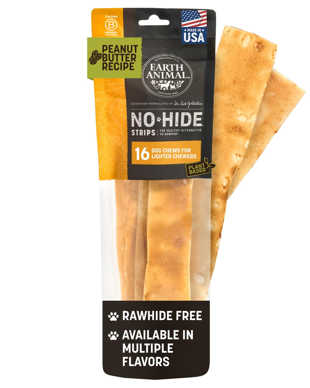 Earth Animal No Hide Strips peanut butter packaging, a convenient rawhide-free chew.