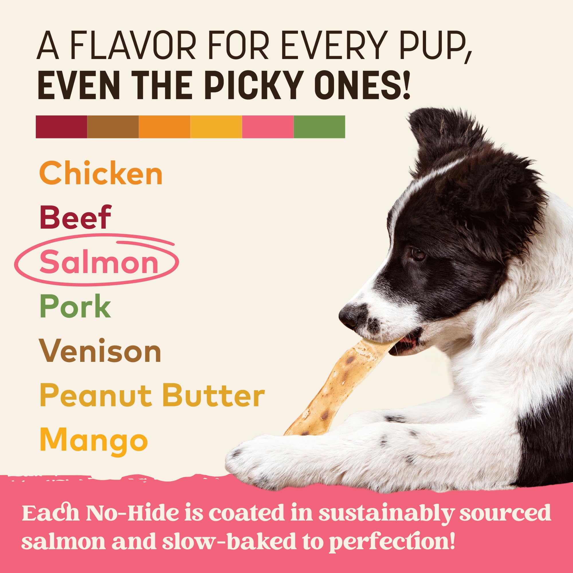 Dog enjoying Earth Animal No-Hide Salmon strips for chewing and flavor