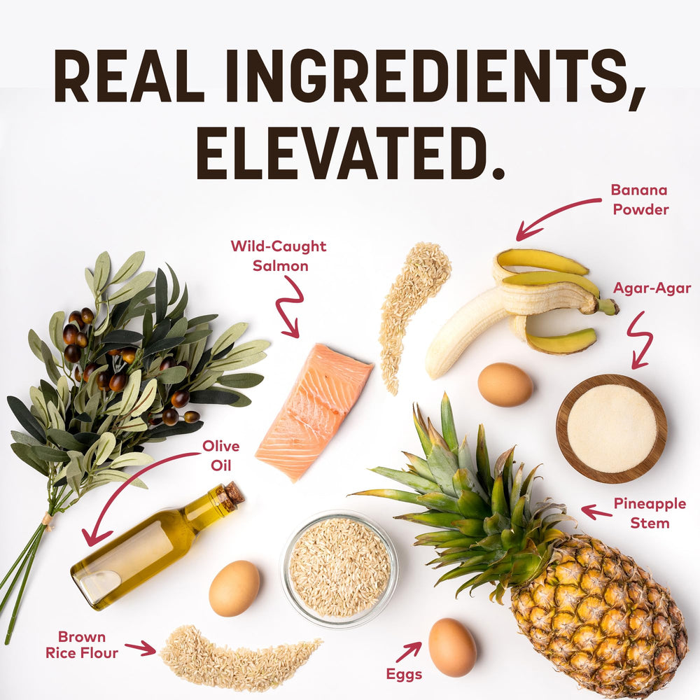 Ingredients panel showing brown rice flour and natural proteins in No-Hide Strips