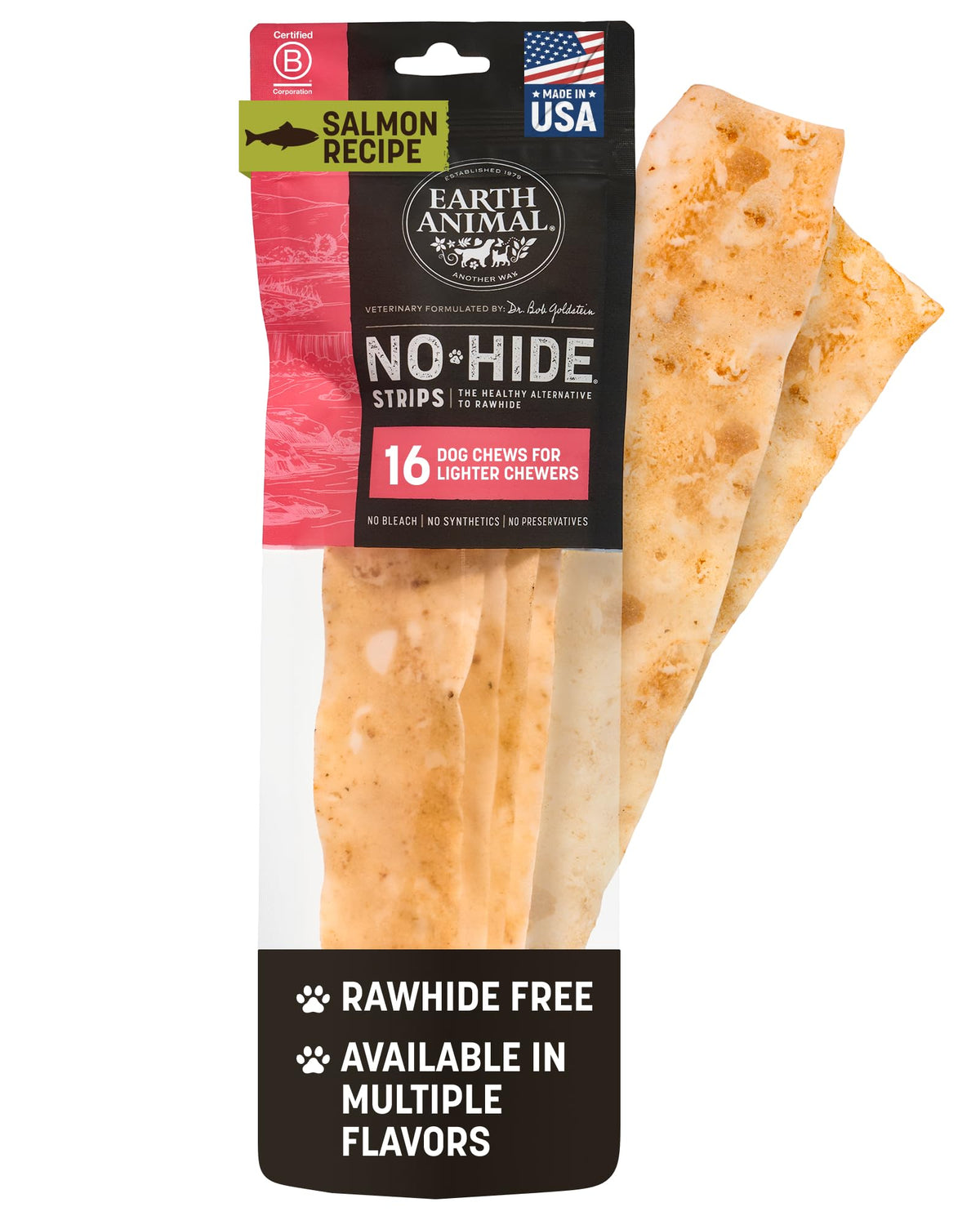 Earth Animal No-Hide Salmon strips pack—easy-to-digest dog chew in a convenient bag