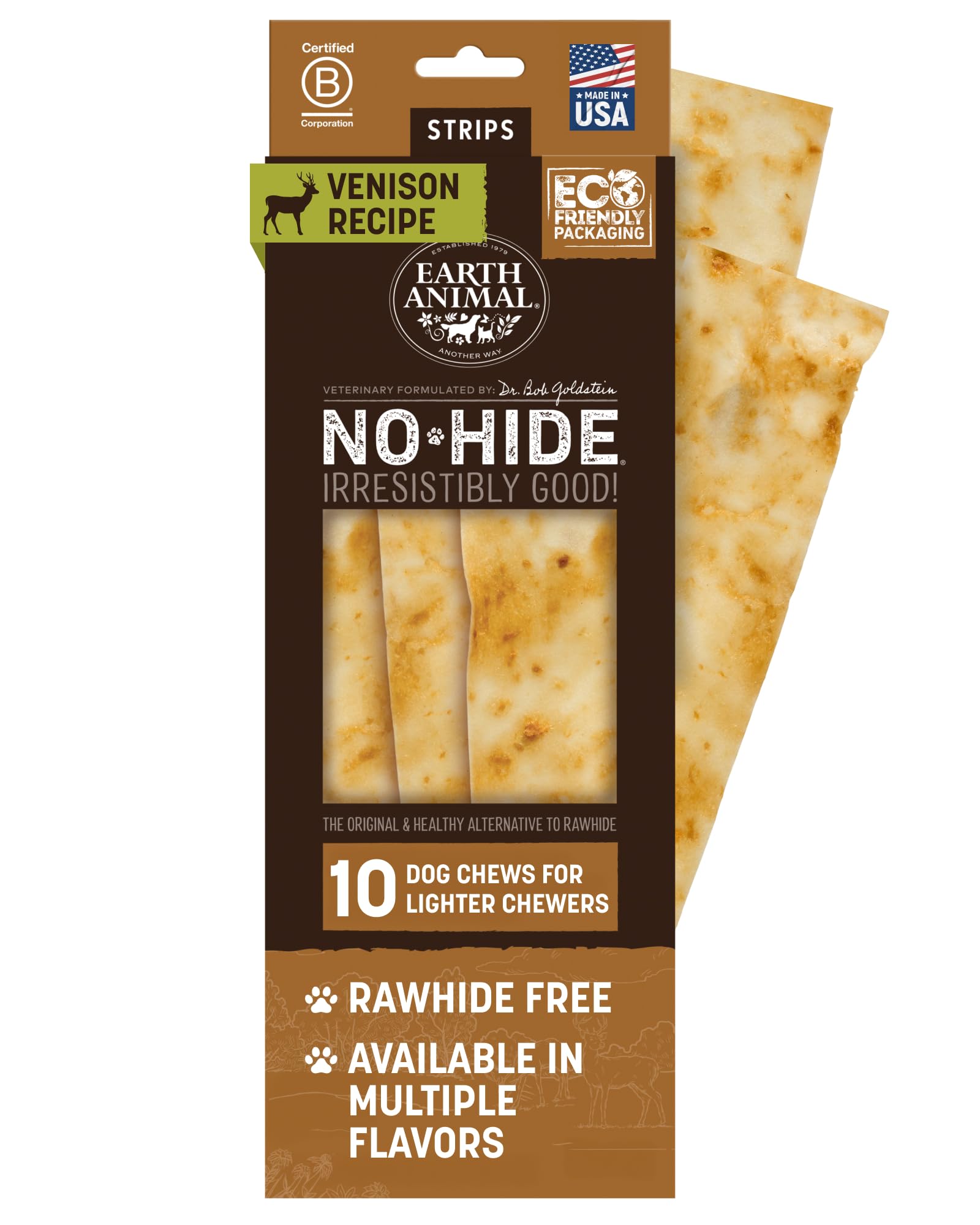 Earth Animal No Hide Strips venison pack preview, a safe rawhide-free chew option for dogs
