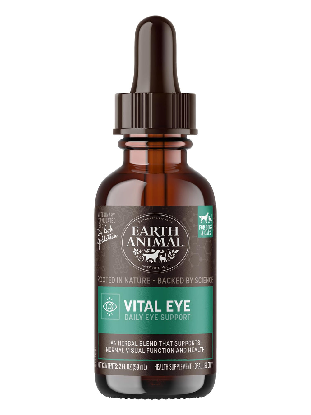 Earth Animal Vital Eye bottle and drops support daily eye health for pets.