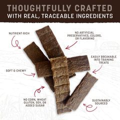 Earth Animal Wisdom Air Dried Jerky beef liver strip, protein-rich bite for active dogs.