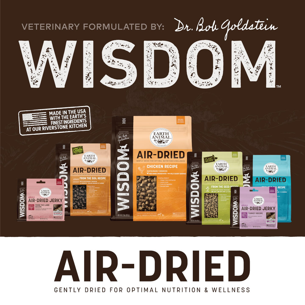 Earth Animal Wisdom Air Dried Jerky from the Land three-pack packaging showcasing packaging.
