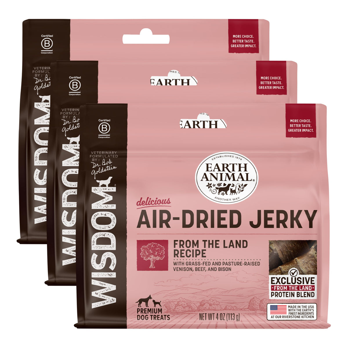 Earth Animal Wisdom Air Dried Jerky venison strip, training treat with real ingredients.