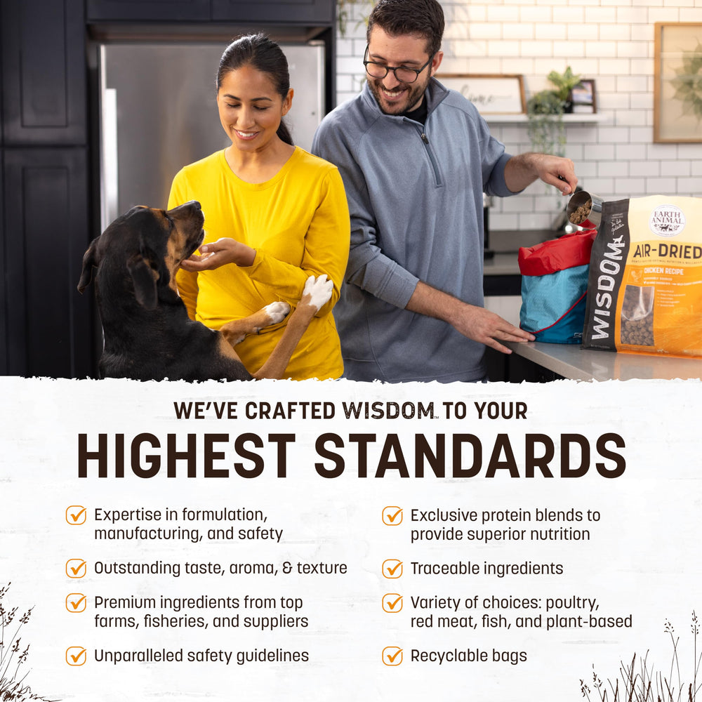 Earth Animal Wisdom ingredients with chicken and sardines support balanced canine nutrition