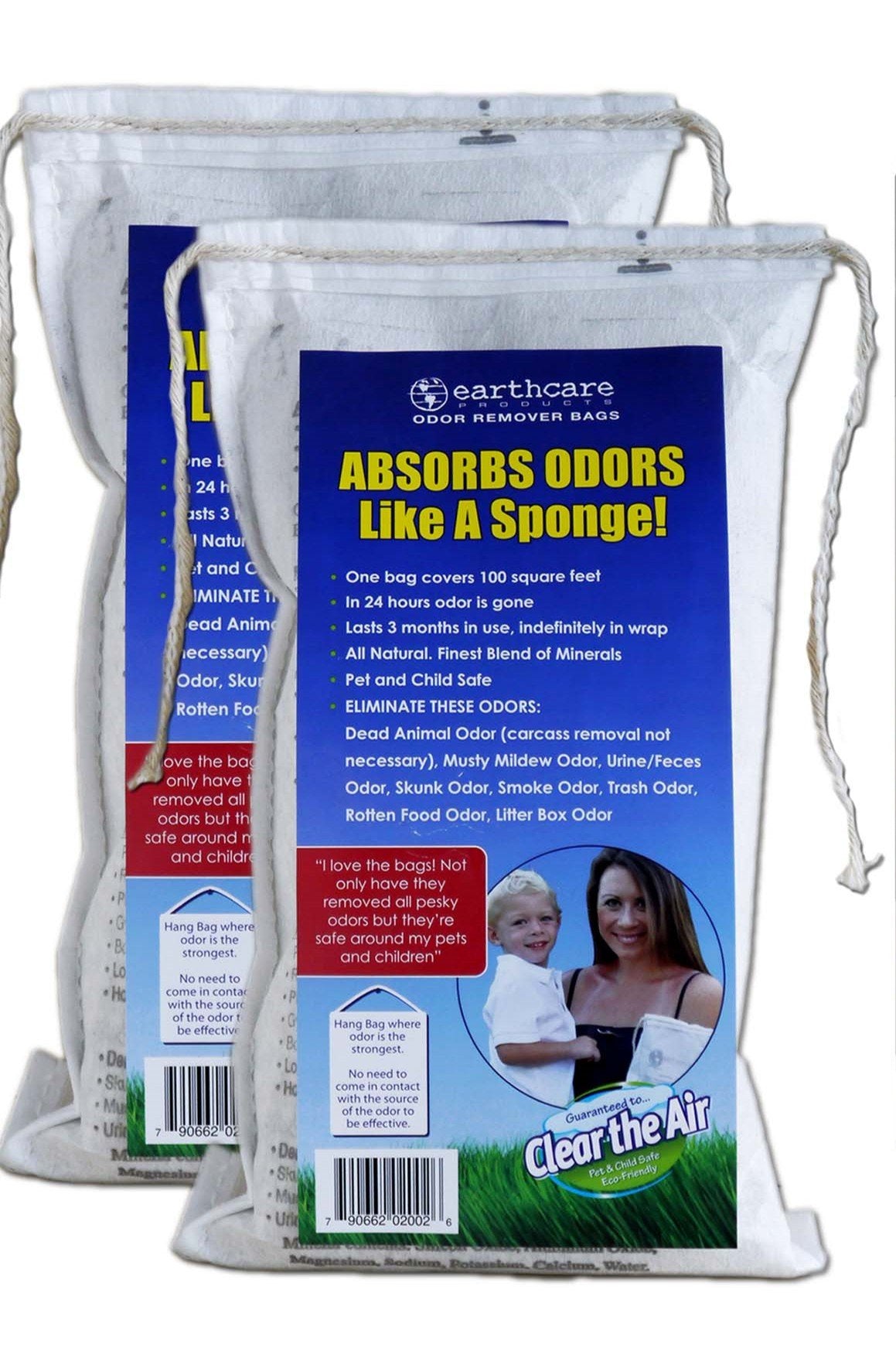 Earth Care Odor Removing Bag 2-pack shown for pet odor control in a home.