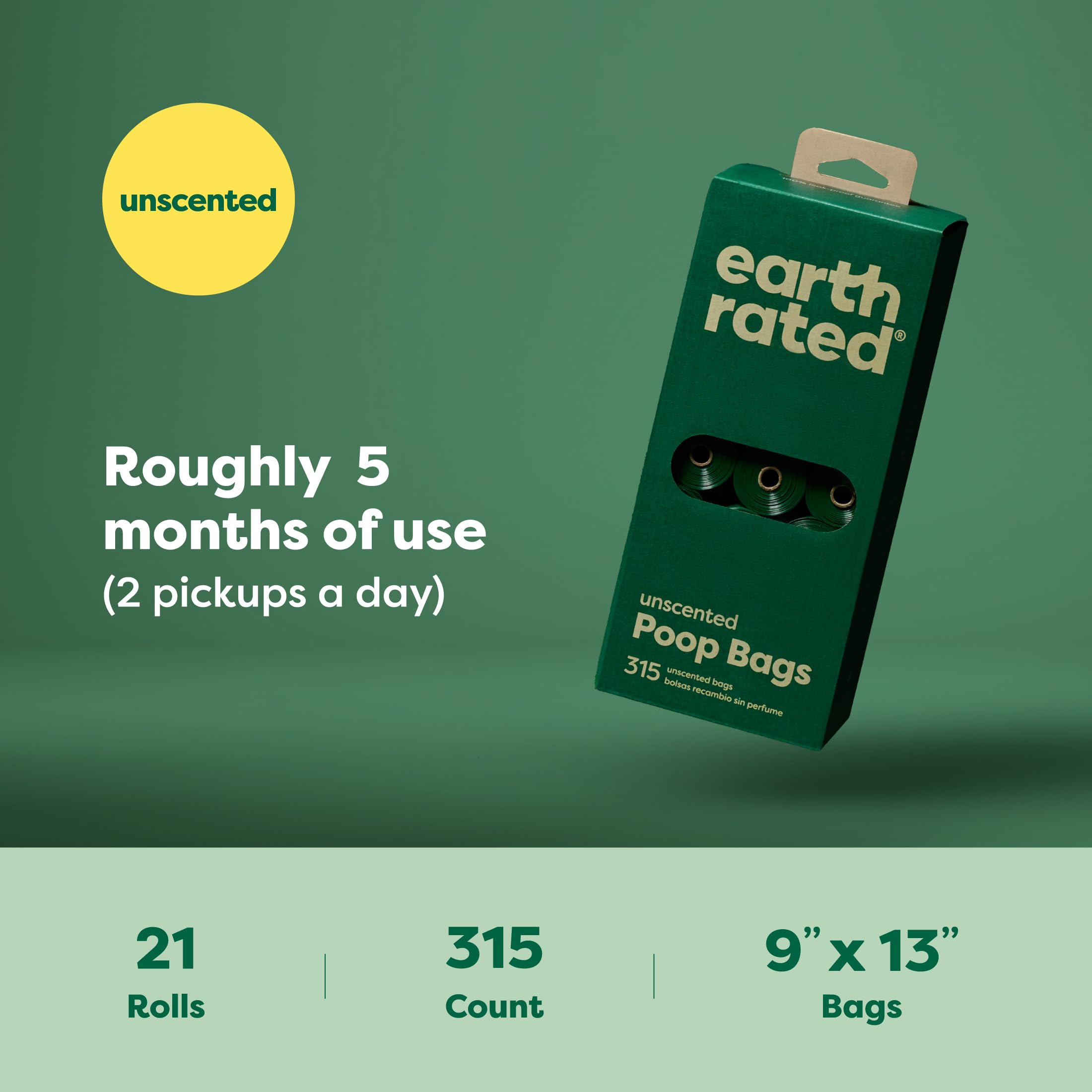Earth Rated 315-count refill rolls in compact packaging for easy storage.